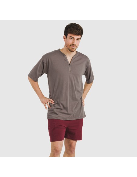 Pijama corto hombre con botones topo - burdeos