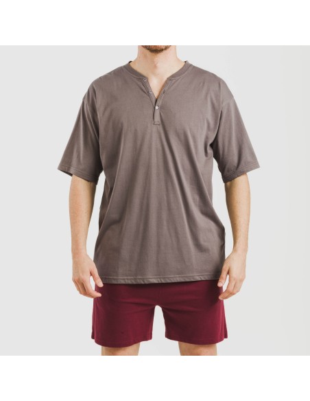 Pijama corto hombre con botones topo - burdeos
