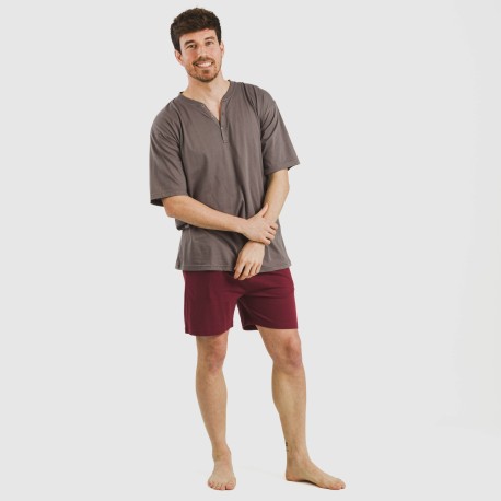 Pijama corto hombre con botones topo - burdeos