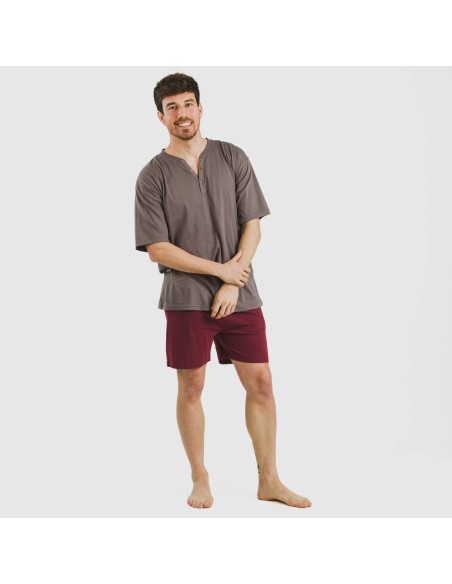 Pijama corto hombre con botones topo - burdeos