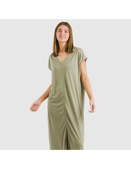 Vestido largo manga fluida viscosa liso