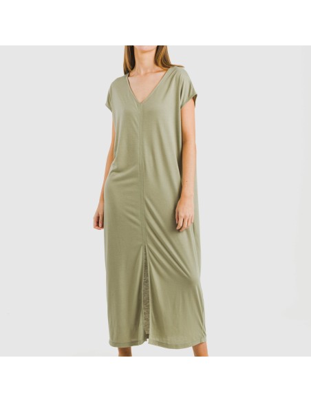 Vestido largo manga fluida viscosa liso