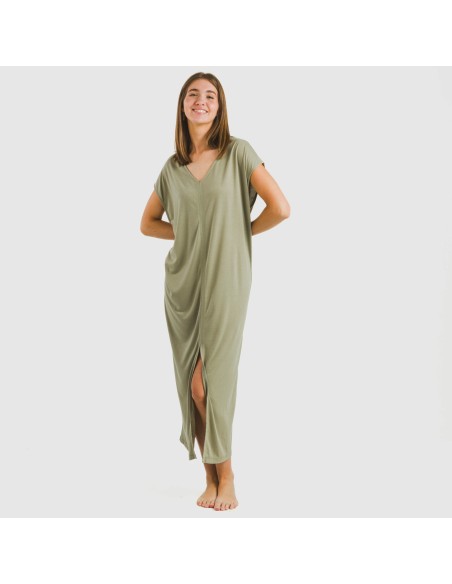 Vestido largo manga fluida viscosa liso