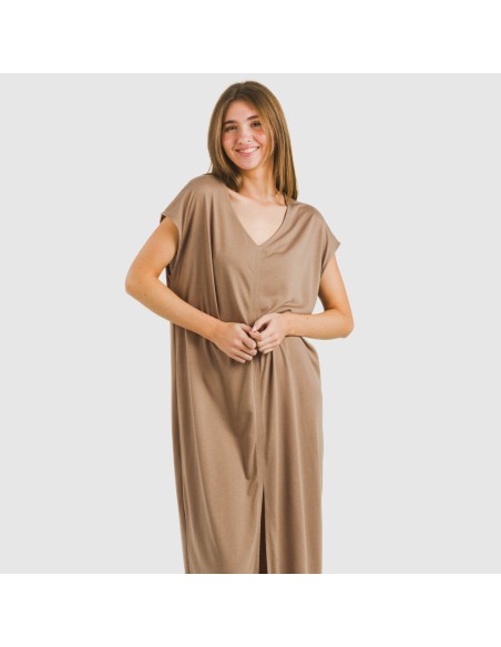 Vestido largo manga fluida viscosa liso