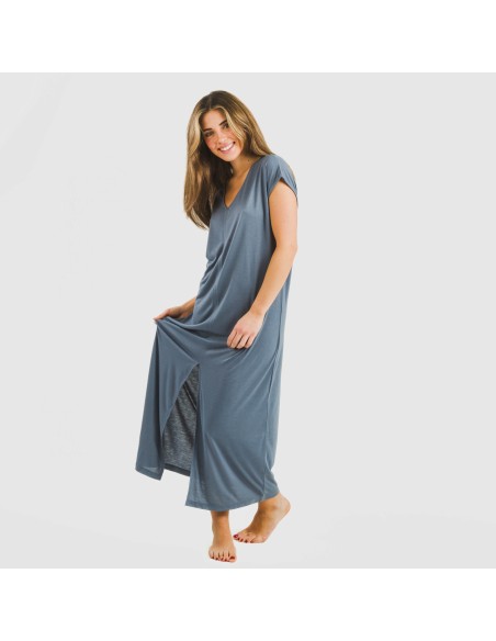 Vestido largo manga fluida viscosa liso