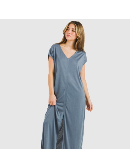 Vestido largo manga fluida viscosa liso