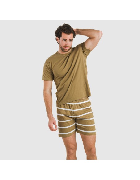 Pijama corto algodón hombre Raya Nit New caqui