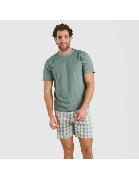 Pijama corto algodón hombre Cuadro Poli verde azulado
