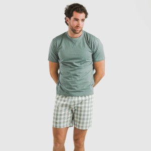 Pijama corto algodón hombre Cuadro Poli verde azulado 2