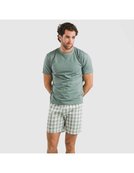 Pijama corto algodón hombre Cuadro Poli verde azulado