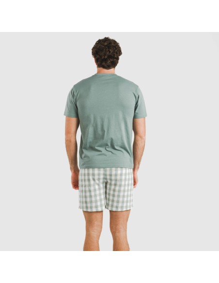 Pijama corto algodón hombre Cuadro Poli verde azulado