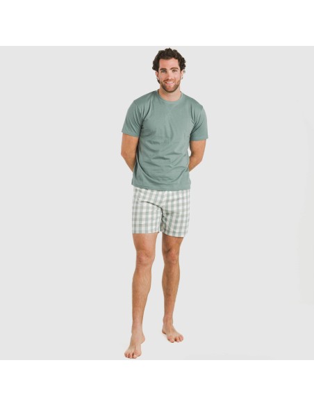 Pijama corto algodón hombre Cuadro Poli verde azulado