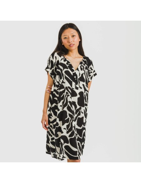 Vestido corto manga fluida viscosa bambula Teudis beige - negro