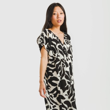 Vestido corto manga fluida viscosa bambula Teudis beige - negro