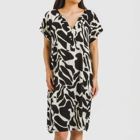 Vestido corto manga fluida viscosa bambula Teudis beige - negro