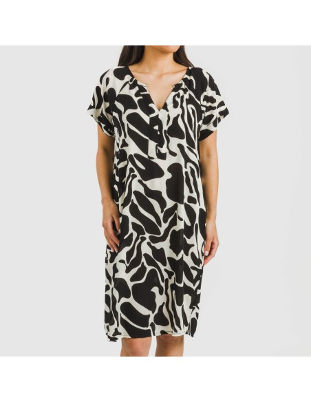 Vestido corto manga fluida viscosa bambula Teudis beige - negro