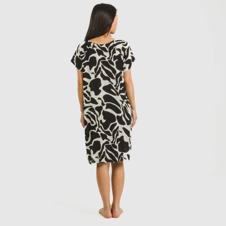 Vestido corto manga fluida viscosa bambula Teudis beige - negro