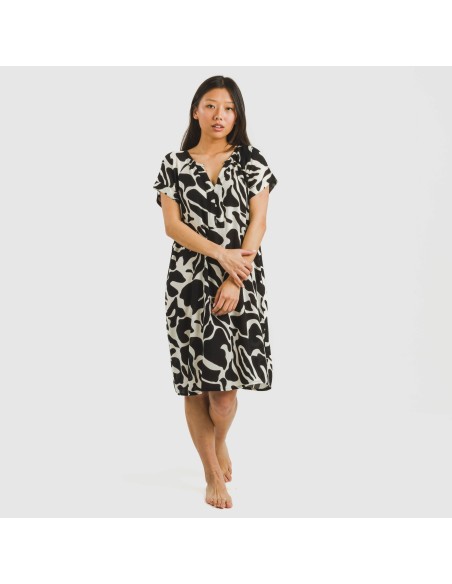 Vestido corto manga fluida viscosa bambula Teudis beige - negro