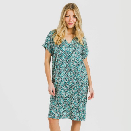 Vestido corto manga fluida viscosa bambula Malura agua marina