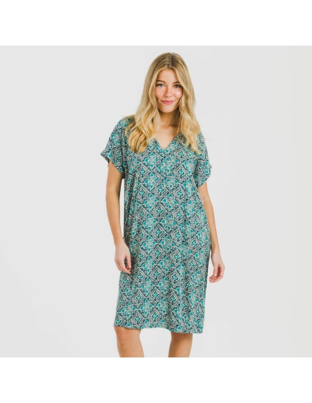 Vestido corto manga fluida viscosa bambula Malura agua marina