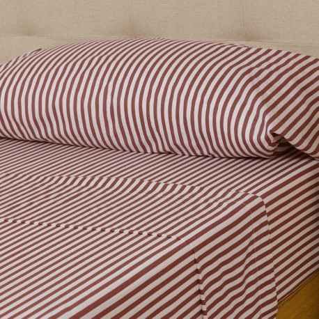 Juego de sábanas algodón Raya Corina burdeos