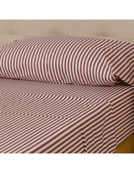 Juego de sábanas algodón Raya Corina burdeos