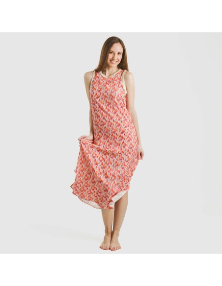 Vestido largo tirantes satén Aries naranja - rosa