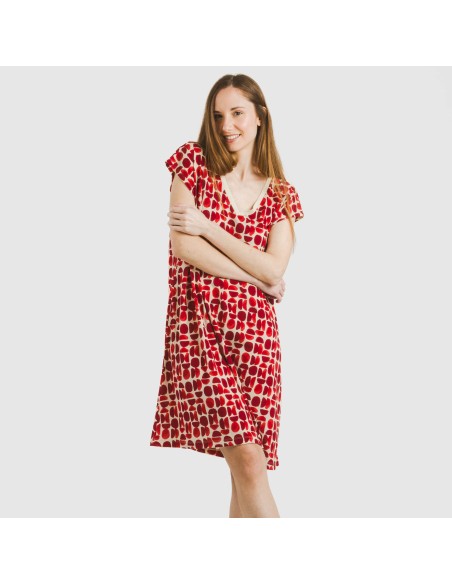 Vestido corto manga fluida crepe Tebas burdeos