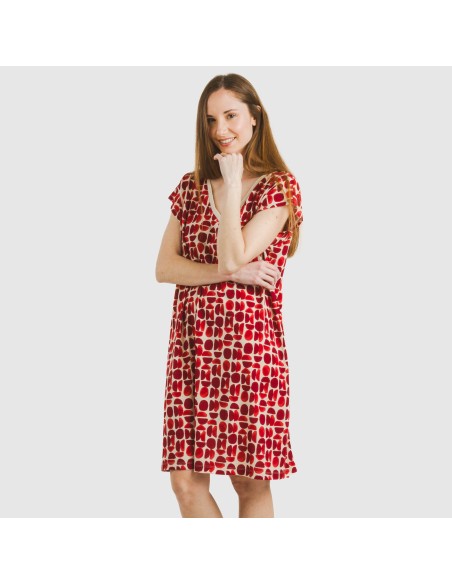 Vestido corto manga fluida crepe Tebas burdeos