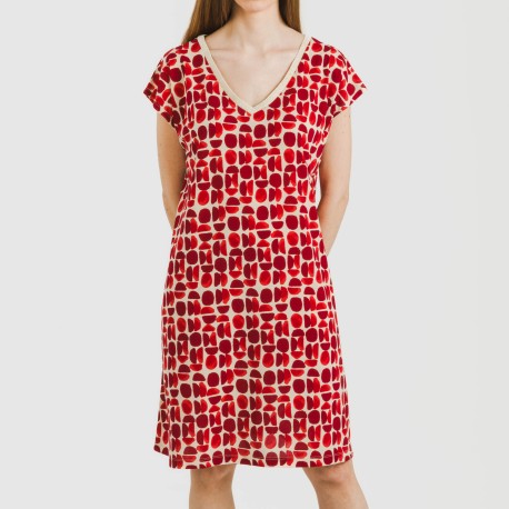 Vestido corto manga fluida crepe Tebas burdeos