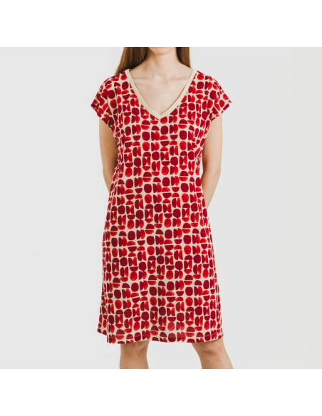 Vestido corto manga fluida crepe Tebas burdeos