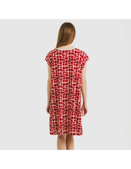 Vestido corto manga fluida crepe Tebas burdeos