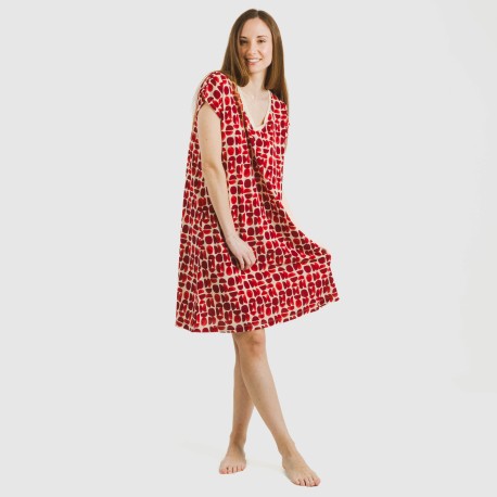 Vestido corto manga fluida crepe Tebas burdeos