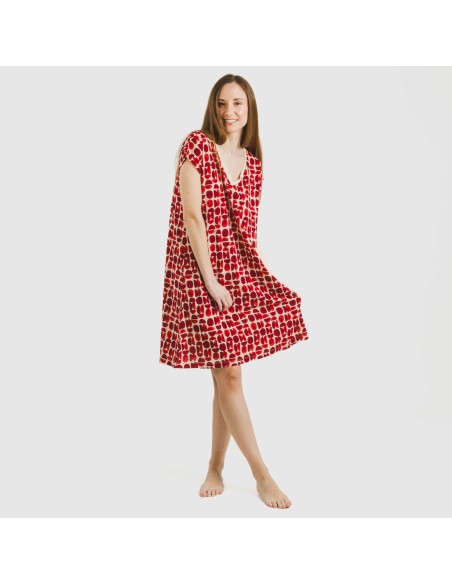 Vestido corto manga fluida crepe Tebas burdeos