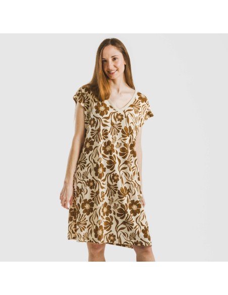 Vestido corto manga fluida crepe Alexis marrón