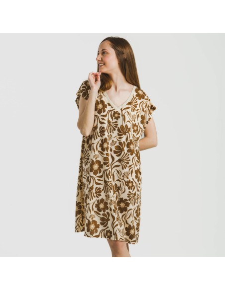 Vestido corto manga fluida crepe Alexis marrón