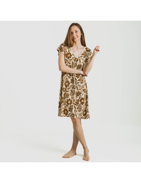 Vestido corto manga fluida crepe Alexis marrón