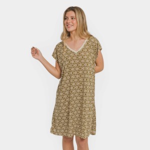 Vestido corto manga fluida crepe Virginia verde cacería