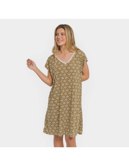 Vestido corto manga fluida crepe Virginia verde cacería