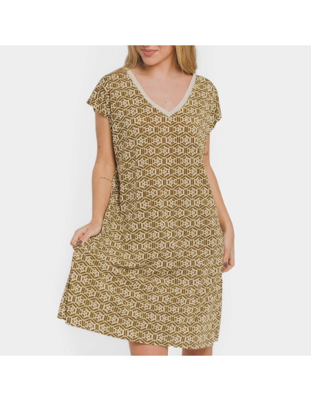 Vestido corto manga fluida crepe Virginia verde cacería