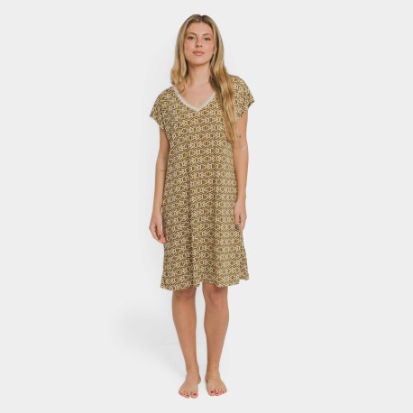 Vestido corto manga fluida crepe Virginia verde cacería