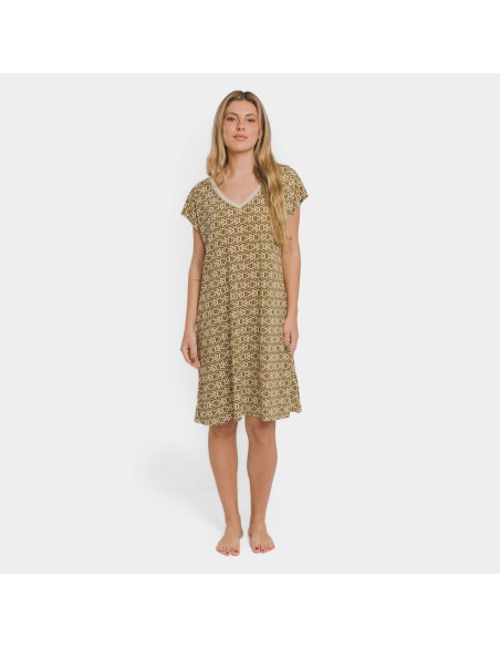 Vestido corto manga fluida crepe Virginia verde cacería