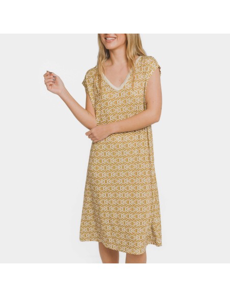 Vestido corto manga fluida soft Virginia ocre