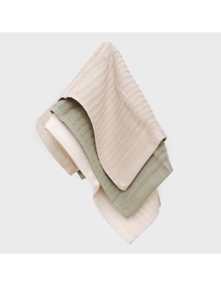 Set 3 paños de cocina algodón liso natural/topo/verde seco