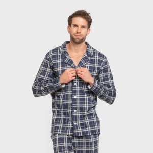 Pijama largo camisero algodón hombre Cuadro Brais azul