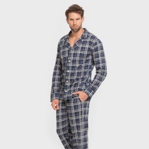 Pijama largo camisero algodón hombre Cuadro Brais azul 2