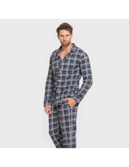 Pijama largo camisero algodón hombre Cuadro Brais azul