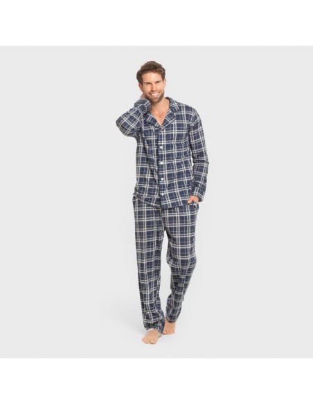Pijama largo camisero algodón hombre Cuadro Brais azul
