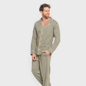 Pijama largo camisero algodón hombre Raya John verde caceria 2