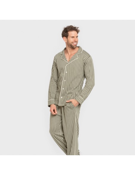 Pijama largo camisero algodón hombre Raya John verde caceria